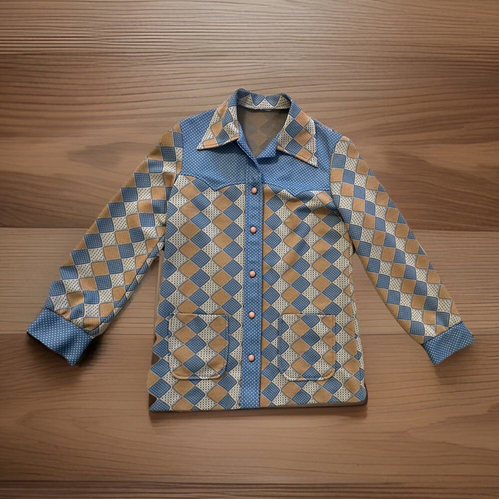 VTG 70s Western Leisure Jacket Coat Shirt Blazer Dagger Collar Button Up Plaid
